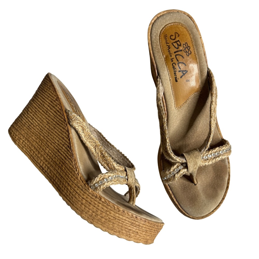 Sbicca Y2K Tan Braided Jute Rhinestone Platform Wedge Sandals Womens 8 Handmade